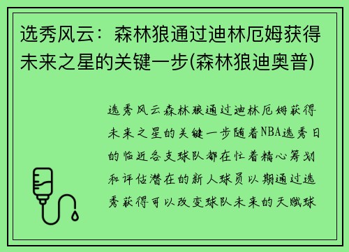 选秀风云：森林狼通过迪林厄姆获得未来之星的关键一步(森林狼迪奥普)